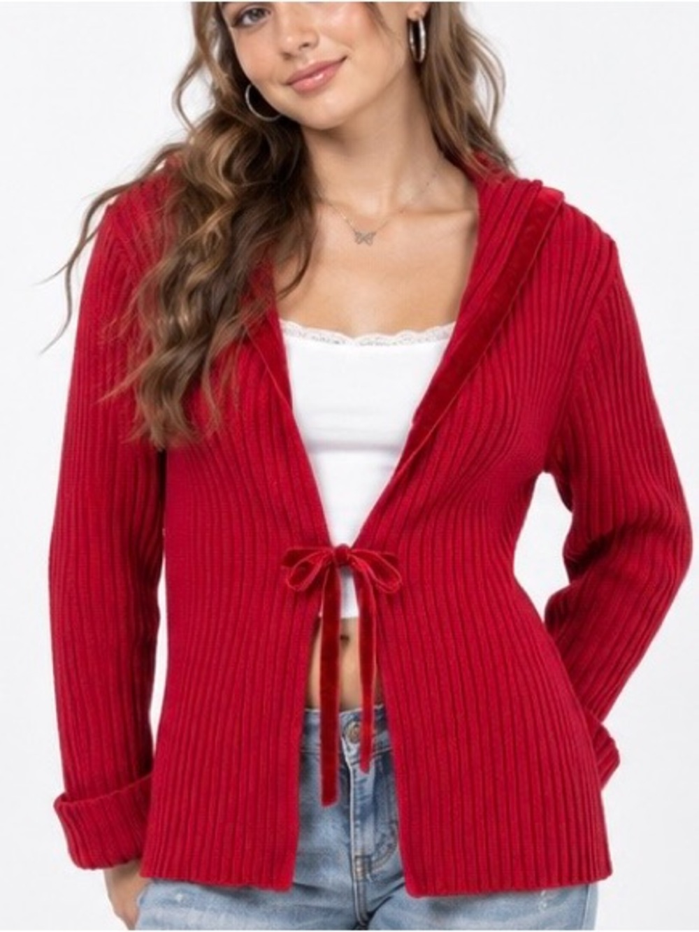 Christopher & Banks Red Ribbed Velvet Tie Cardigan Sweater XL